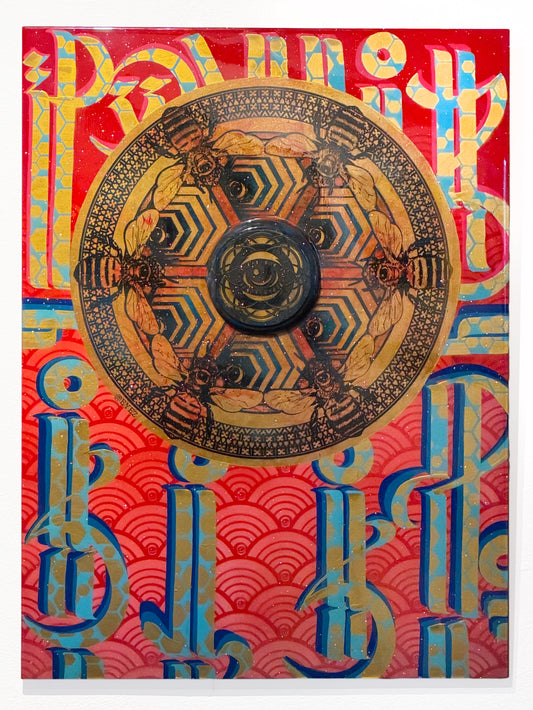 Bee Sacred wood engraving Collab with Clark Medley @EYEZ C👁LLAB👁RATE Painting